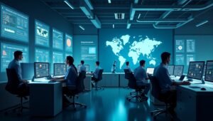 Futuristic healthcare team using AI coding tools, blockchain networks, and predictive analytics dashboards to reduce RCM claim denials in 2025