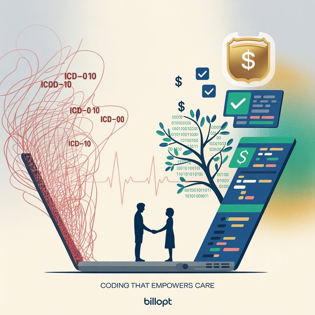 Illustration: Split-view of medical coding chaos vs. streamlined workflow. Left: tangled threads and error codes. Right: checkmarks, shield protecting dollar sign, and doctor-patient care. The central tree grows from a laptop symbolizing tech-driven growth.